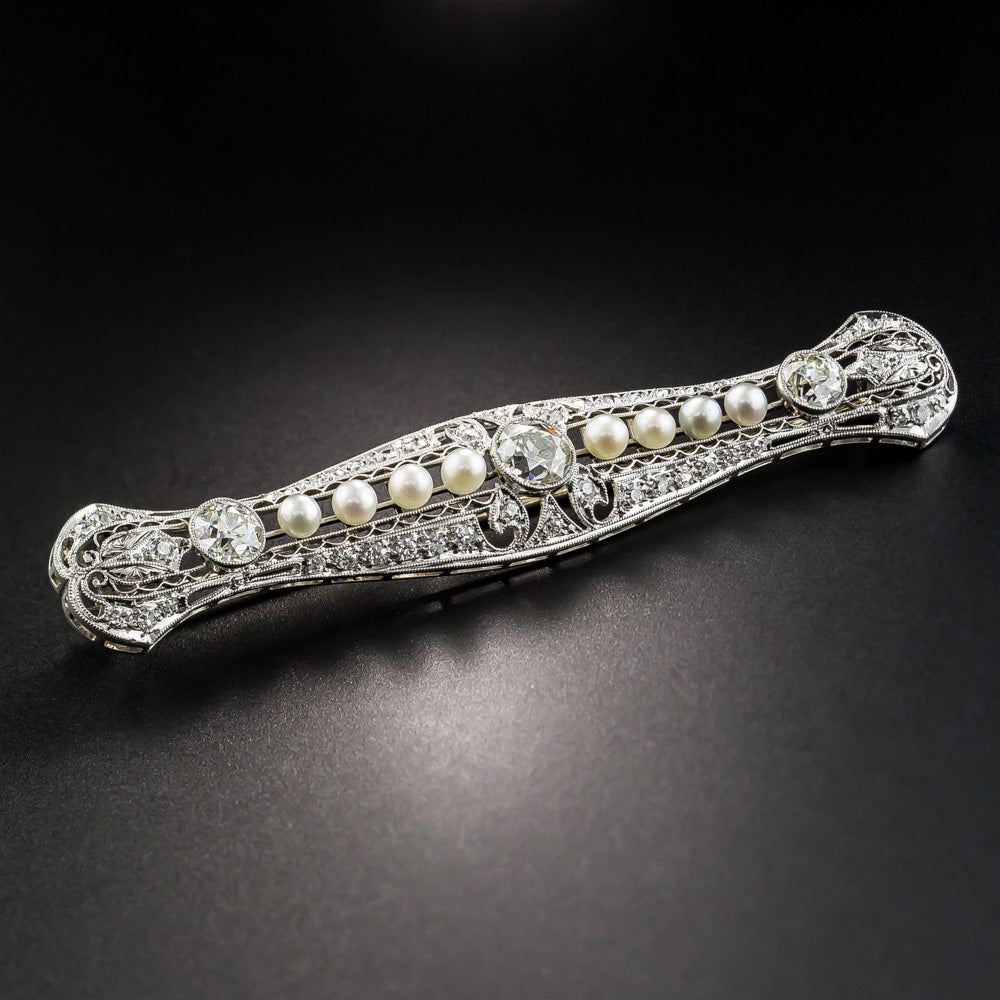 Art Deco Diamond and Natural Pearl Filigree Bar Pin - 3