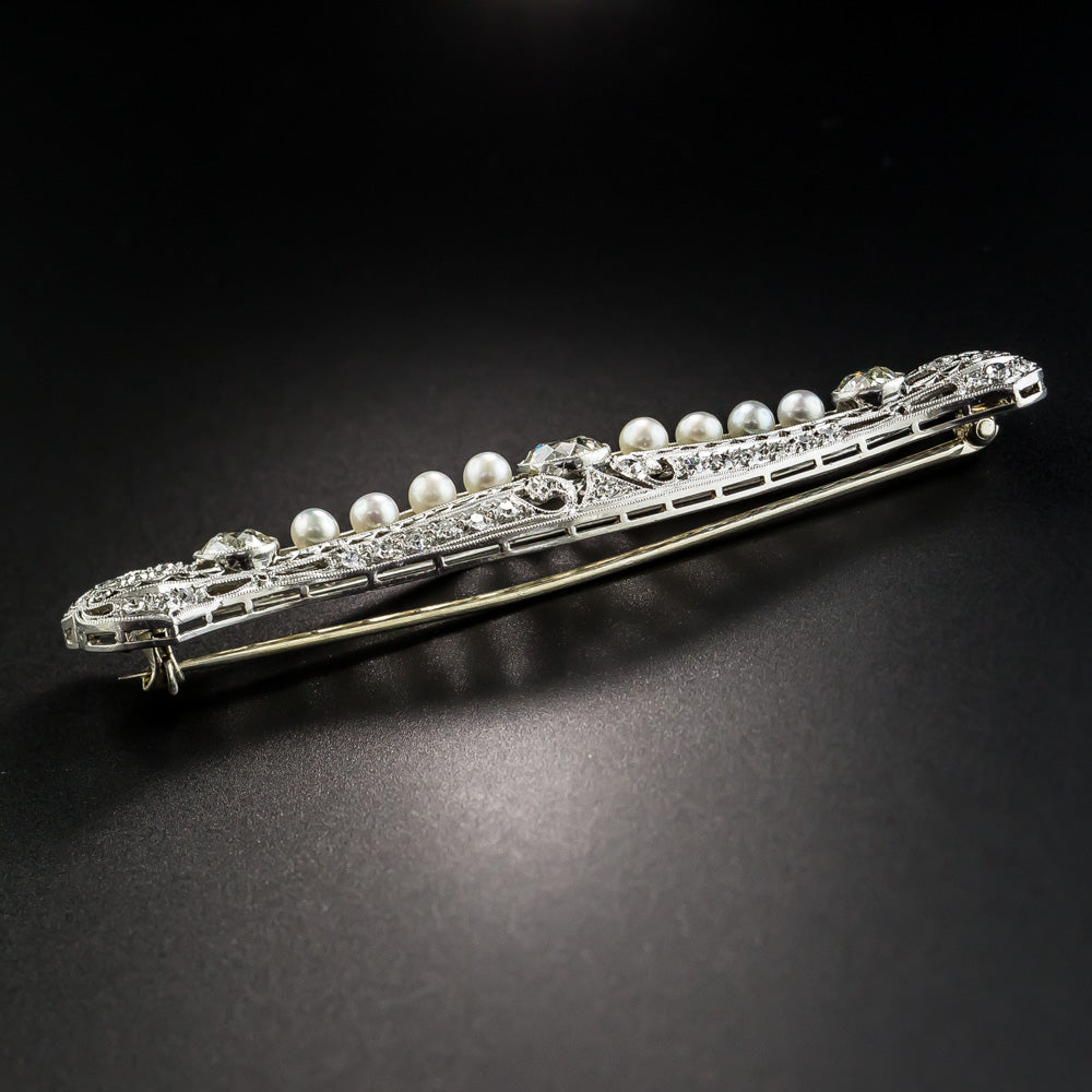 Art Deco Diamond and Natural Pearl Filigree Bar Pin - 4