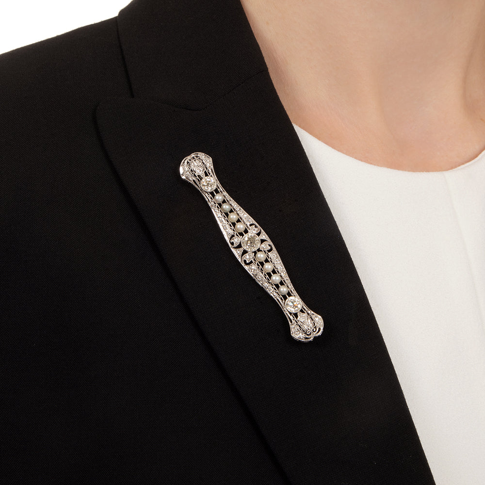 Art Deco Diamond and Natural Pearl Filigree Bar Pin - 5