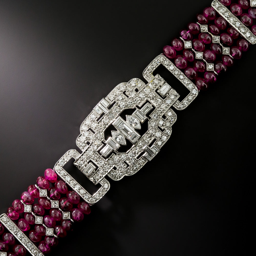 Art Deco Diamond and No-Heat Burma Ruby Bead Bracelet - GIA - 3