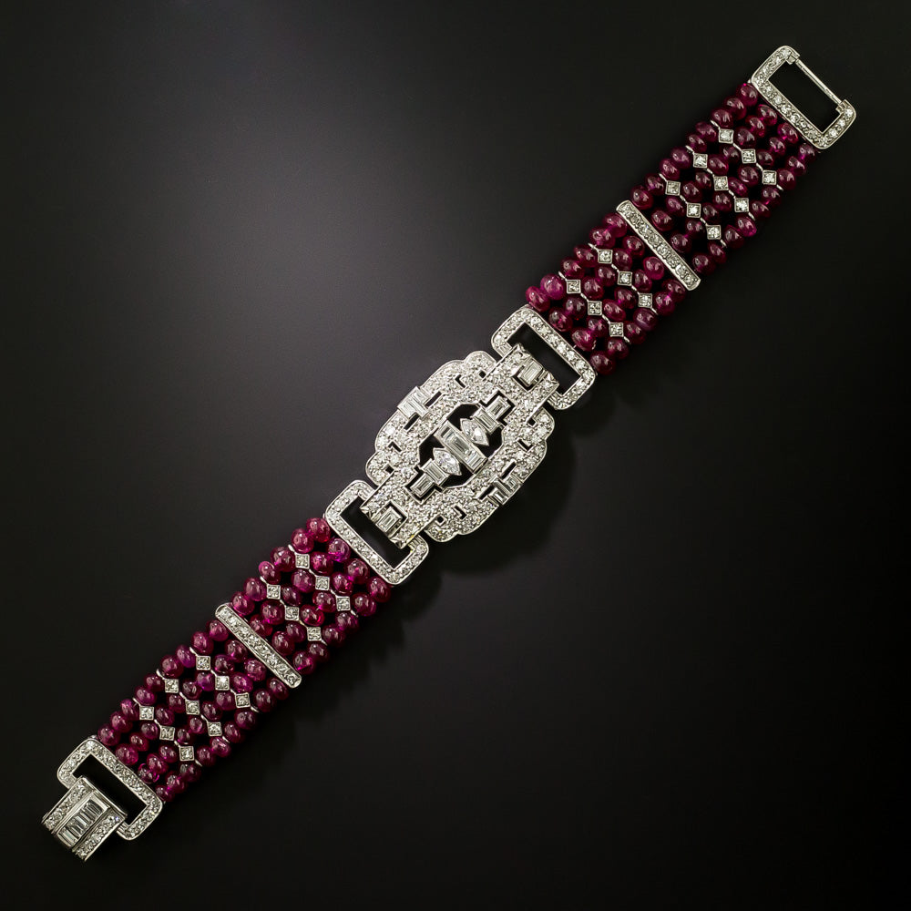 Art Deco Diamond and No-Heat Burma Ruby Bead Bracelet - GIA - 4