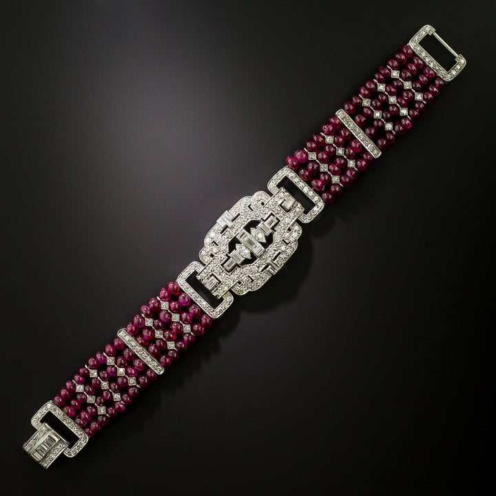 Art Deco Diamond and No-Heat Burma Ruby Bead Bracelet - GIA