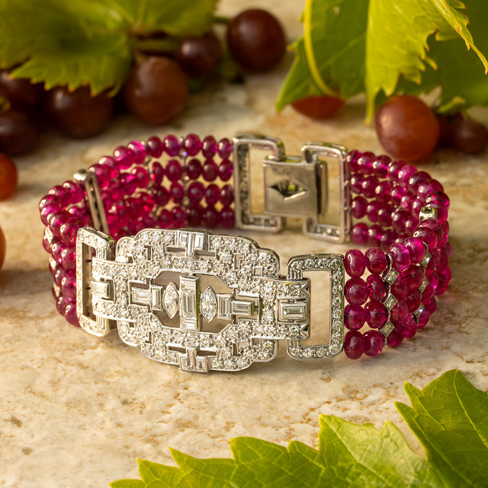 Art Deco Diamond and No-Heat Burma Ruby Bead Bracelet - GIA - 5
