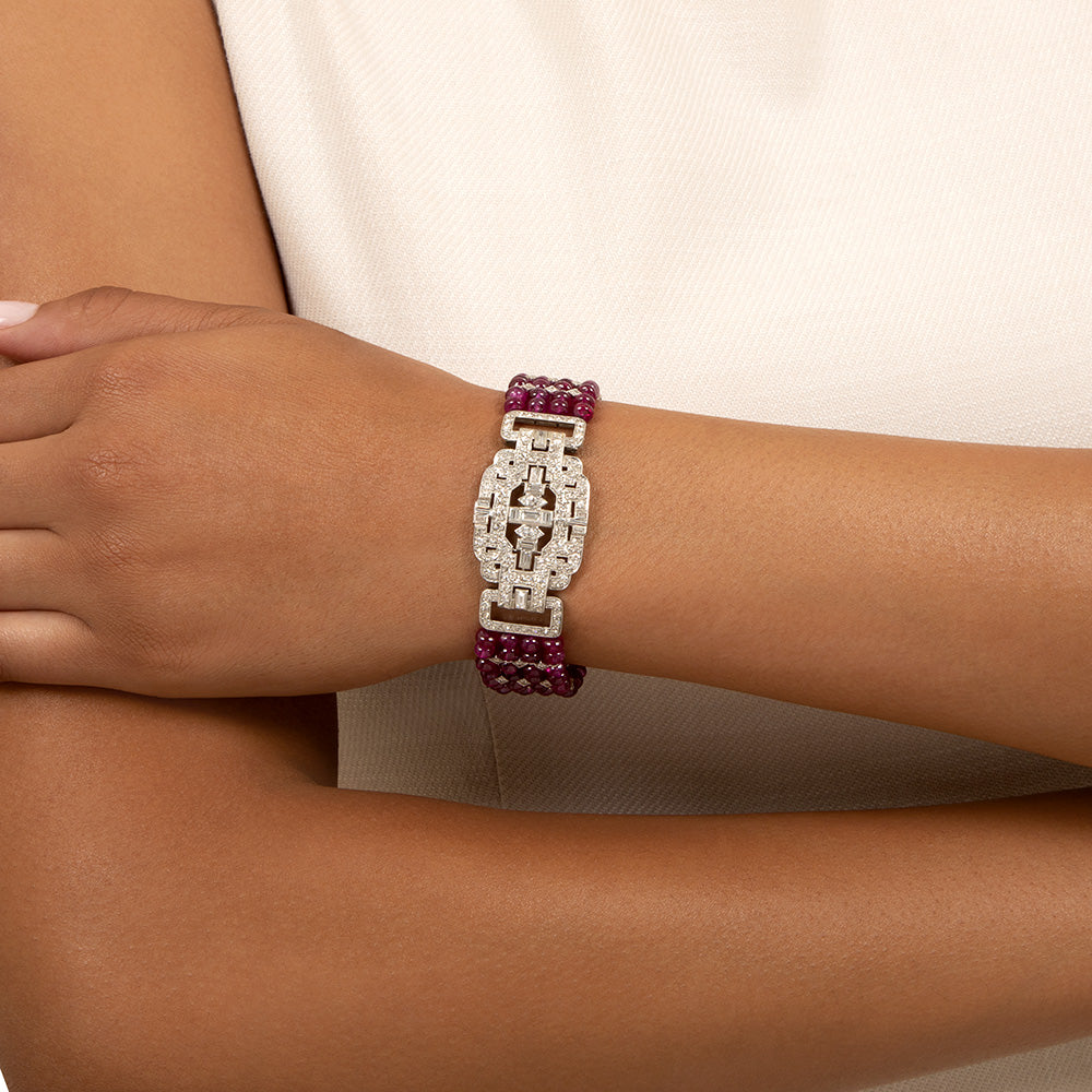 Art Deco Diamond and No-Heat Burma Ruby Bead Bracelet - GIA - 5
