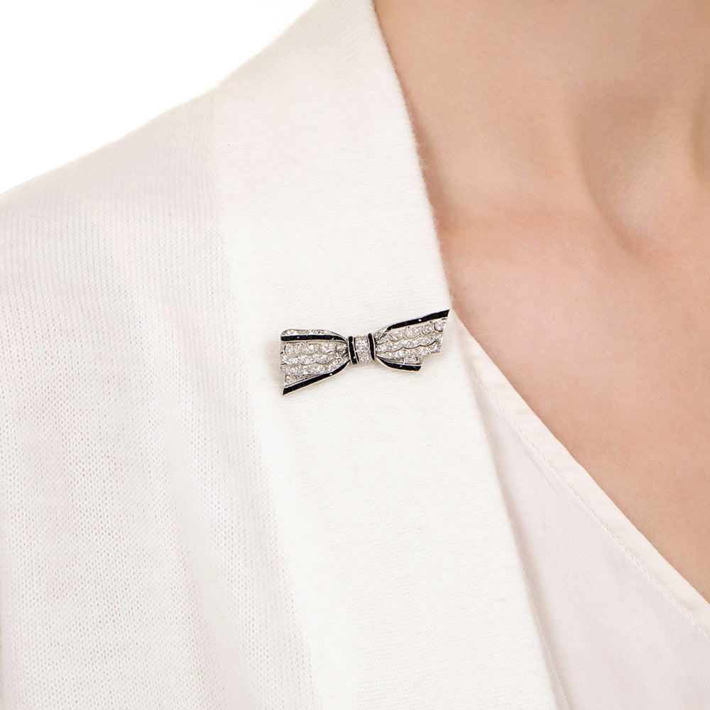Art Deco Diamond And Onyx Bow Brooch - 3