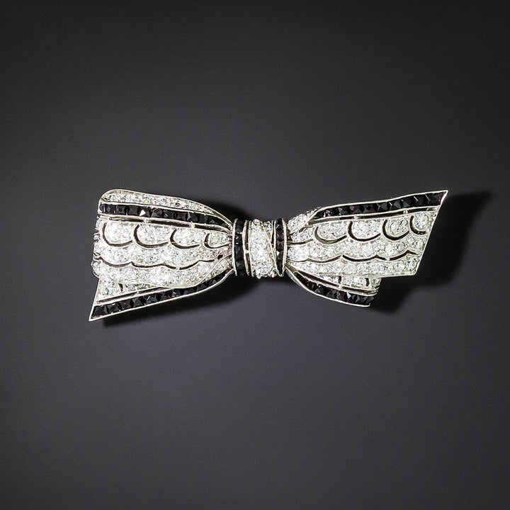 Art Deco Diamond And Onyx Bow Brooch