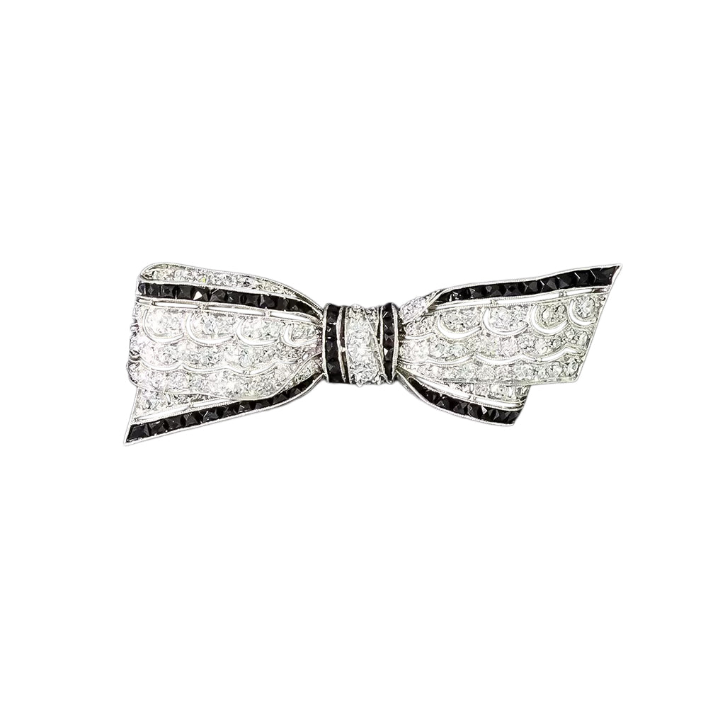 Art Deco Diamond And Onyx Bow Brooch - 3