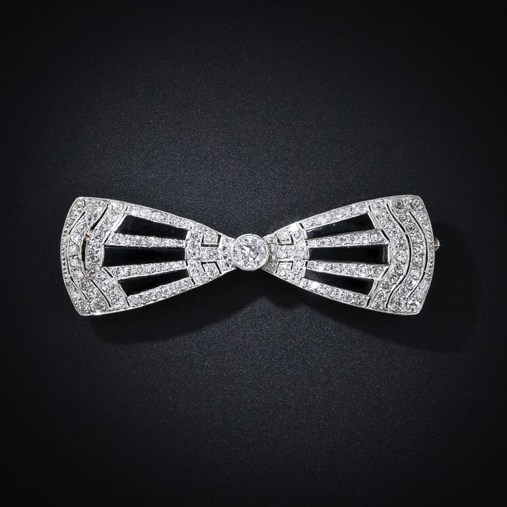 Art Deco Diamond and Onyx Bow Brooch