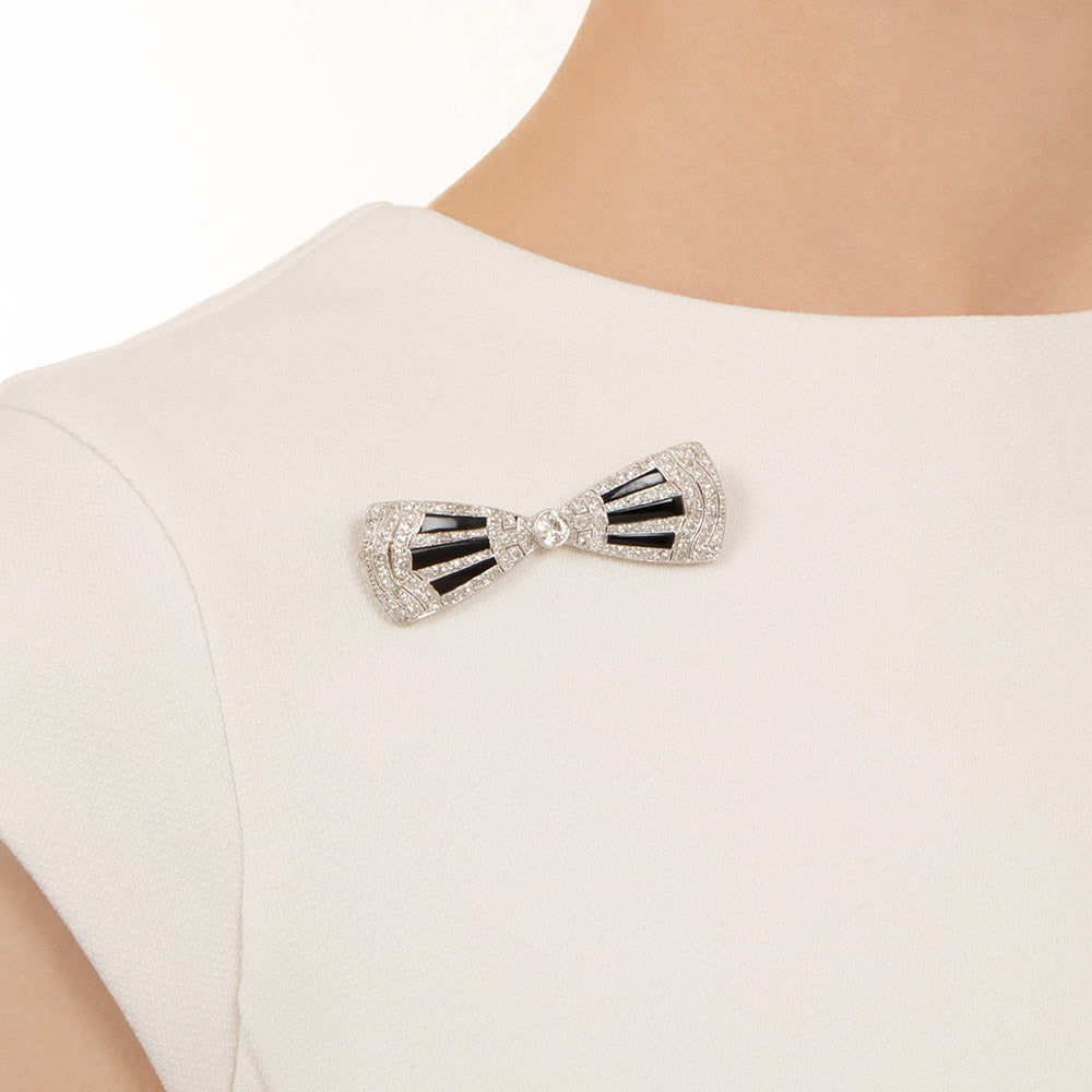 Art Deco Diamond and Onyx Bow Brooch - 7