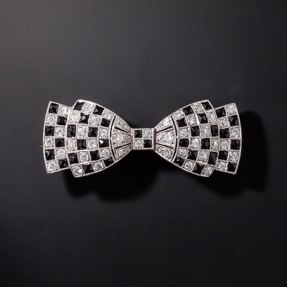 Art Deco Diamond and Onyx Bow Pin - 0