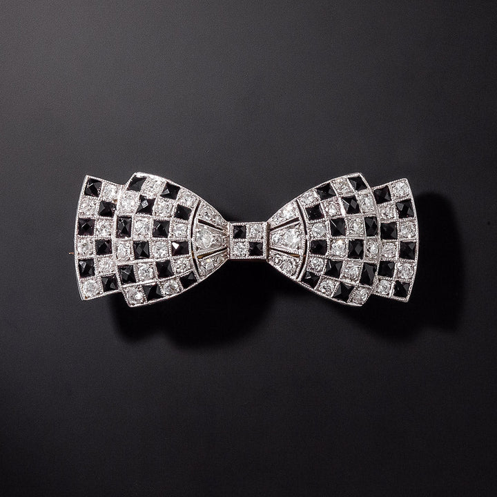 Art Deco Diamond and Onyx Bow Pin