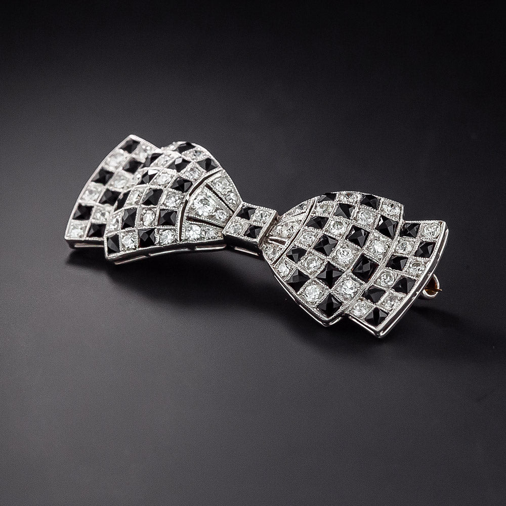 Art Deco Diamond and Onyx Bow Pin - 3