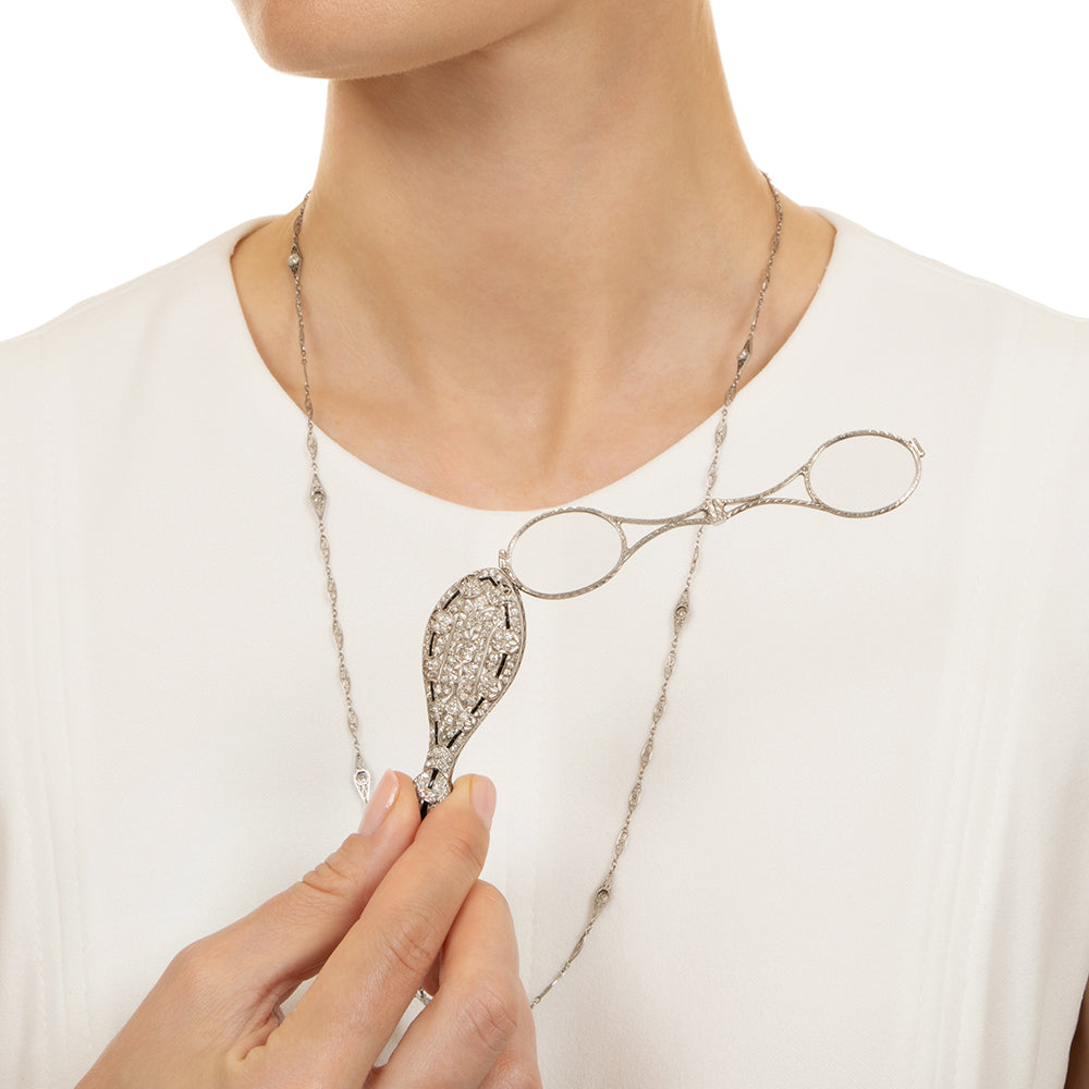 Art Deco Diamond and Onyx Lorgnette Necklace - 7