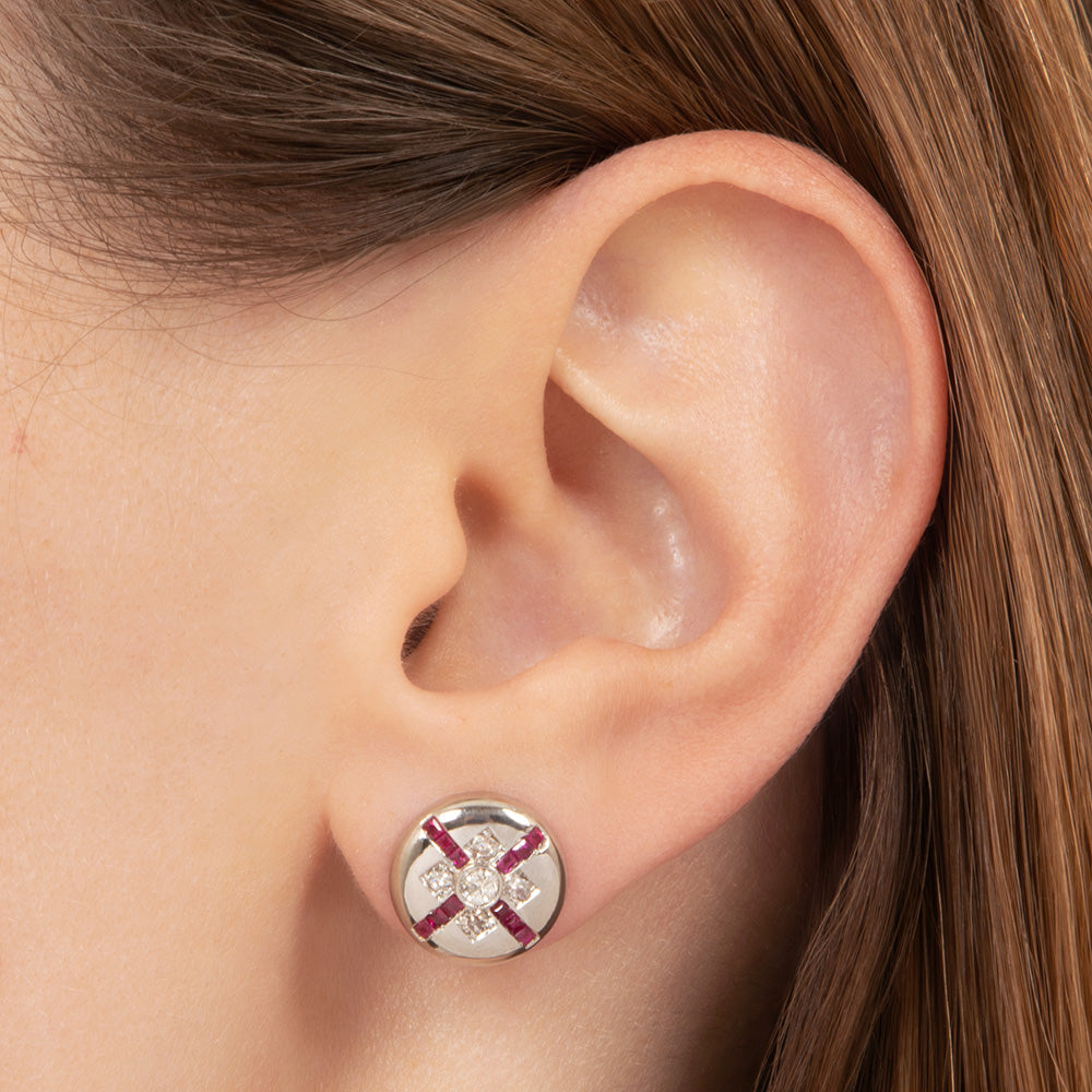 Art Deco Diamond and Ruby* Button Earrings - 4