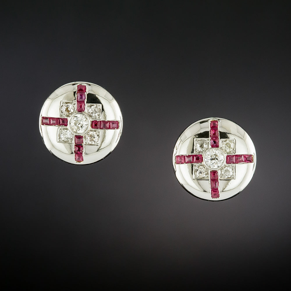 Art Deco Diamond and Ruby* Button Earrings - 2