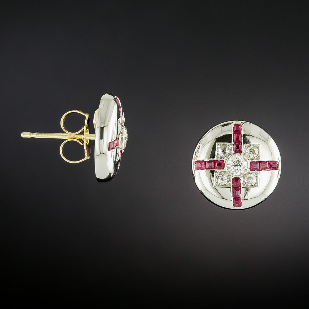 Art Deco Diamond and Ruby* Button Earrings - 3