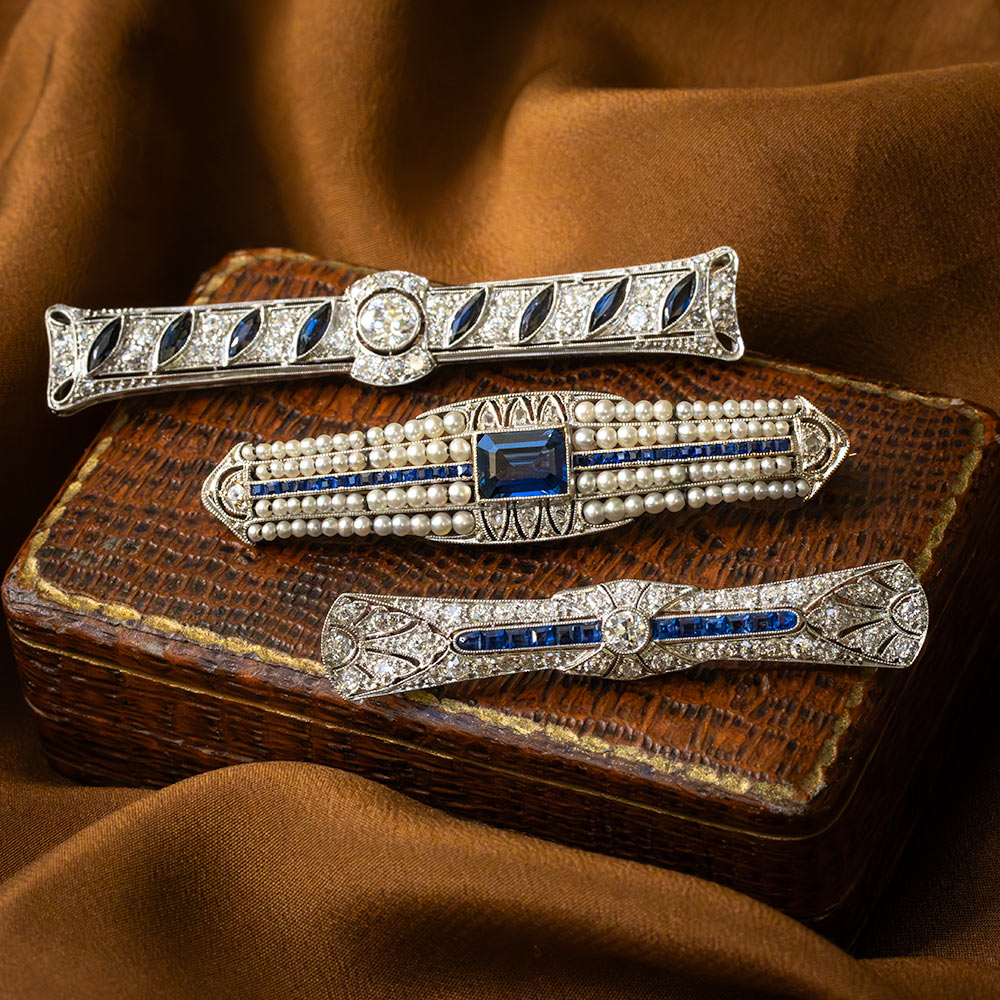 Art Deco Diamond and Sapphire Bar Pin by Reed and Barton - 10