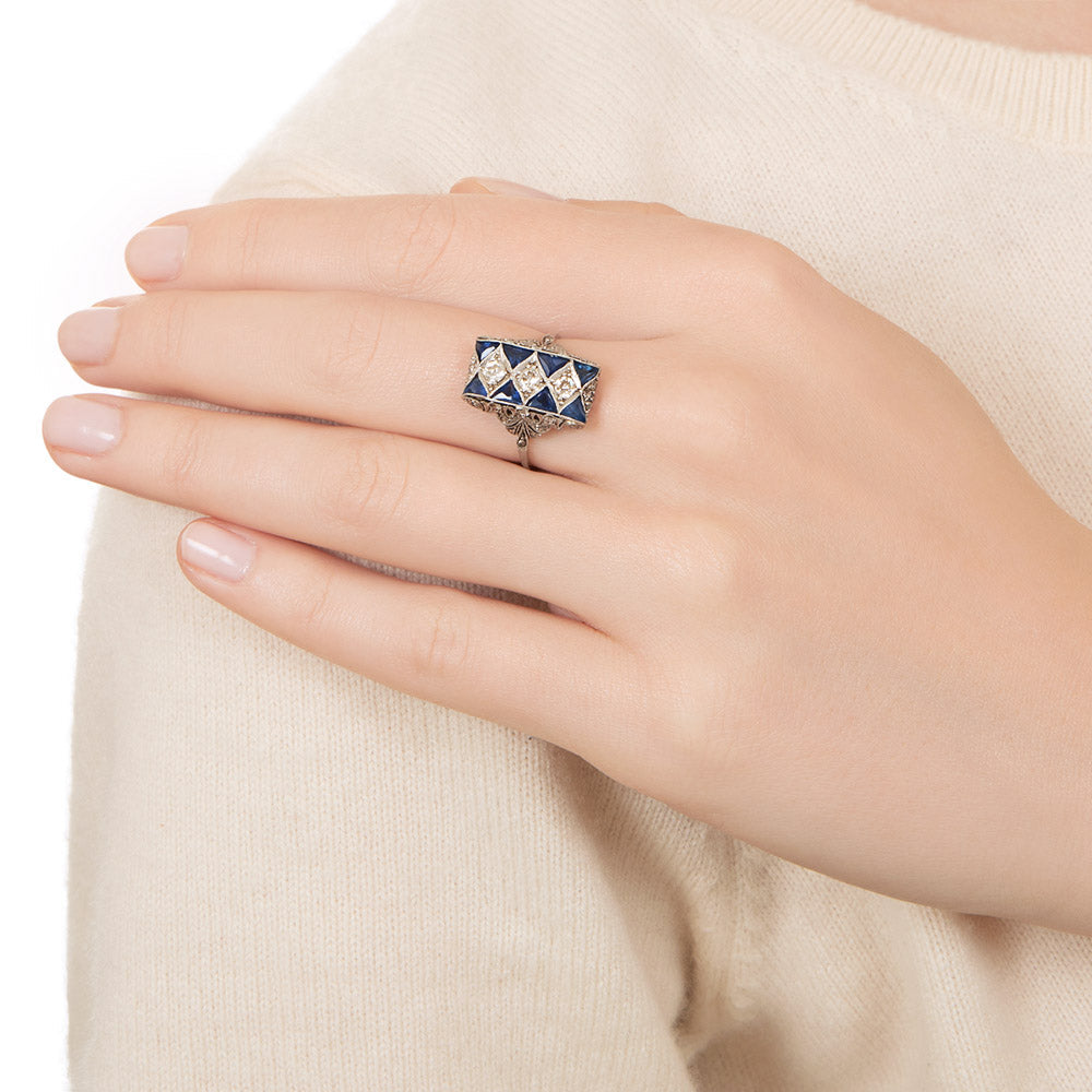 Art Deco Diamond and Sapphire Dinner Ring - 6