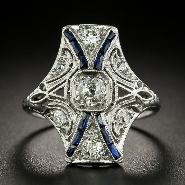 Art Deco Diamond and Sapphire* Geometric Dinner Ring