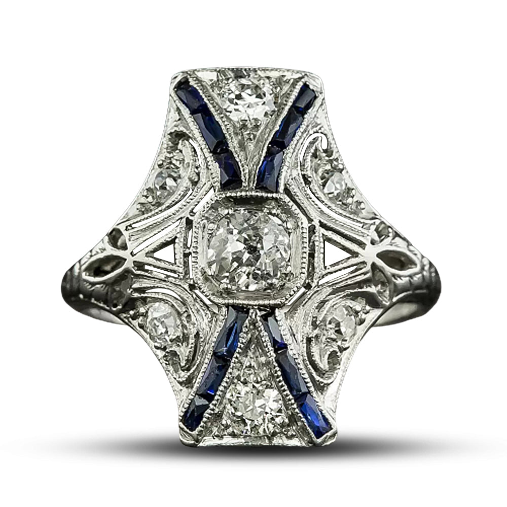 Art Deco Diamond and Sapphire* Geometric Dinner Ring - 5