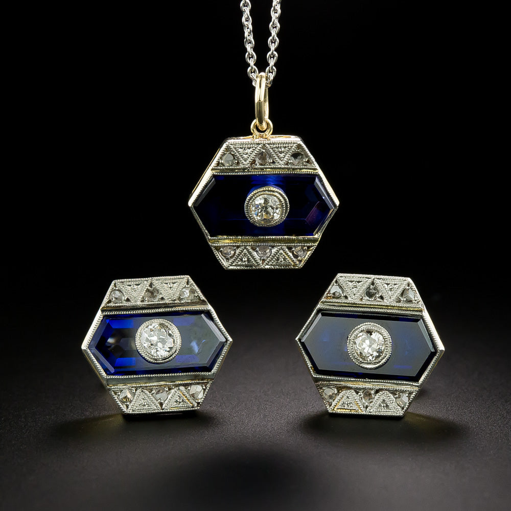 Art Deco Diamond and Sapphire* Pendant and Earring Set - 4