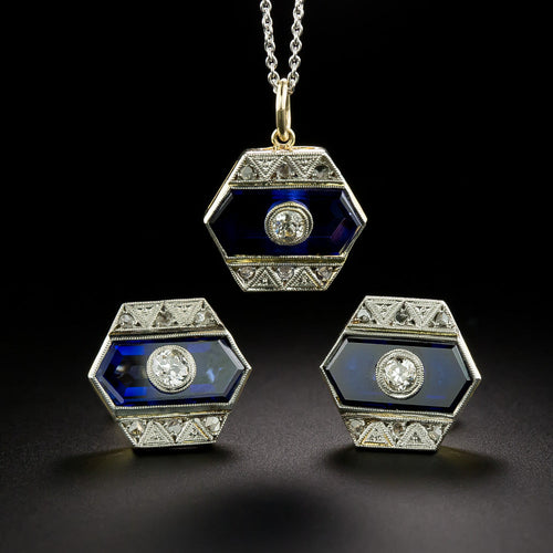 Art Deco Diamond and Sapphire* Pendant and Earring Set - 4