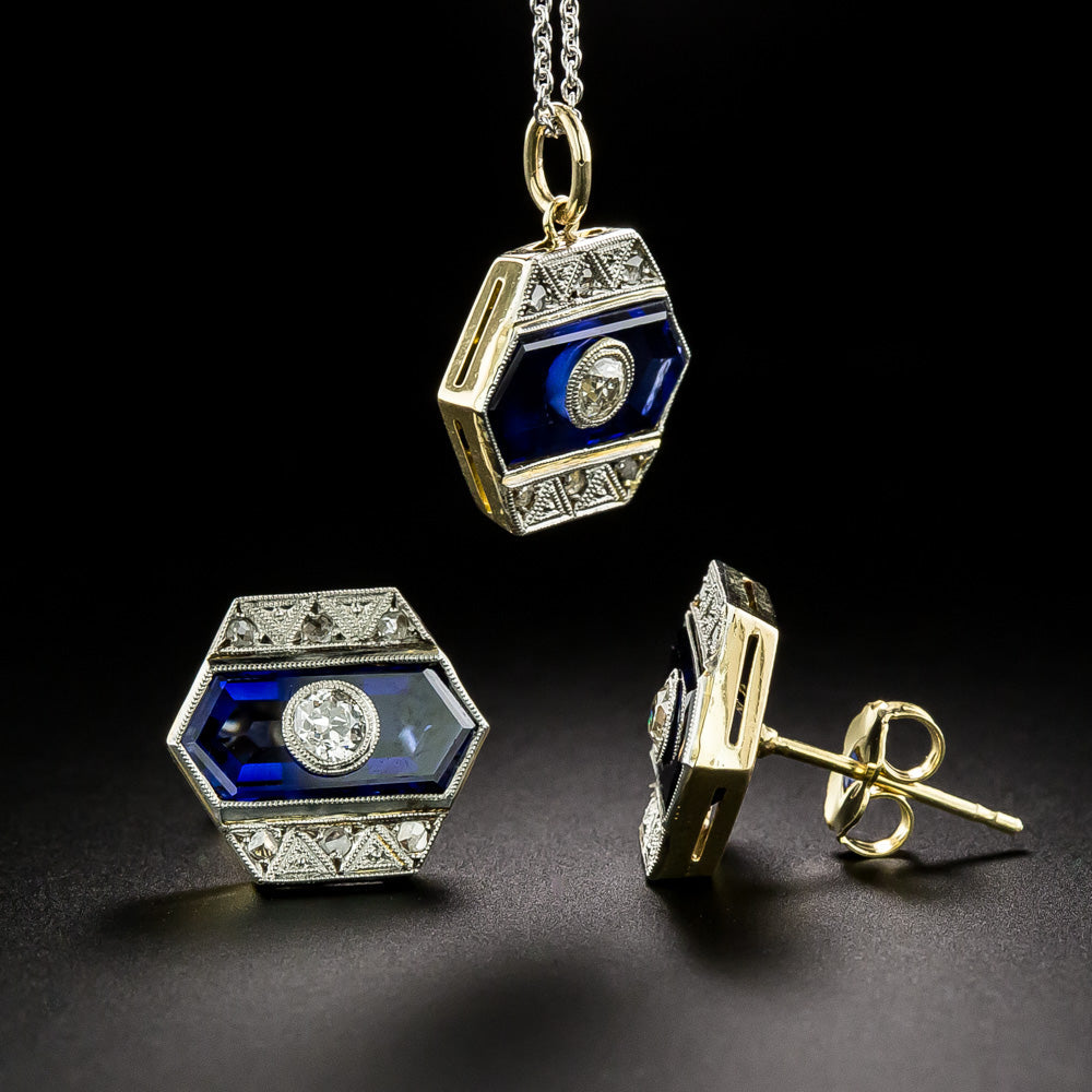 Art Deco Diamond and Sapphire* Pendant and Earring Set - 5