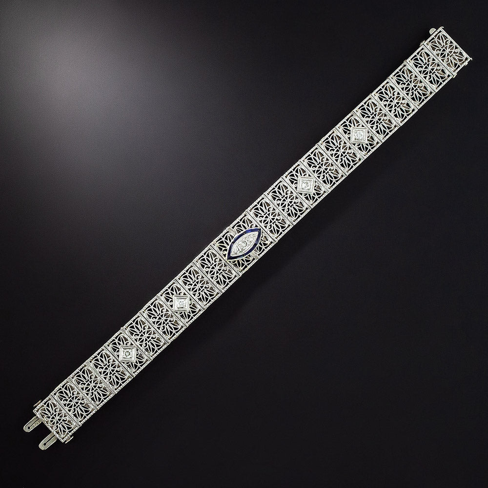 Art Deco Diamond and Sapphire* Wide Filigree Bracelet - 1