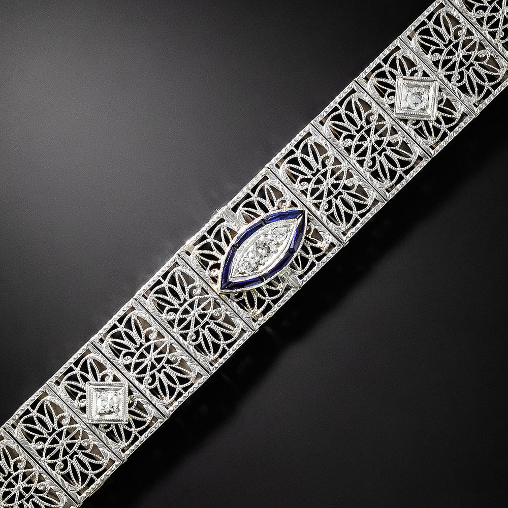 Art Deco Diamond and Sapphire* Wide Filigree Bracelet - 2