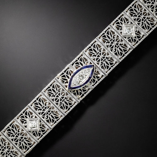 Art Deco Diamond and Sapphire* Wide Filigree Bracelet - 2