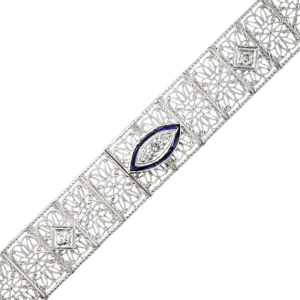 Art Deco Diamond and Sapphire* Wide Filigree Bracelet - 3