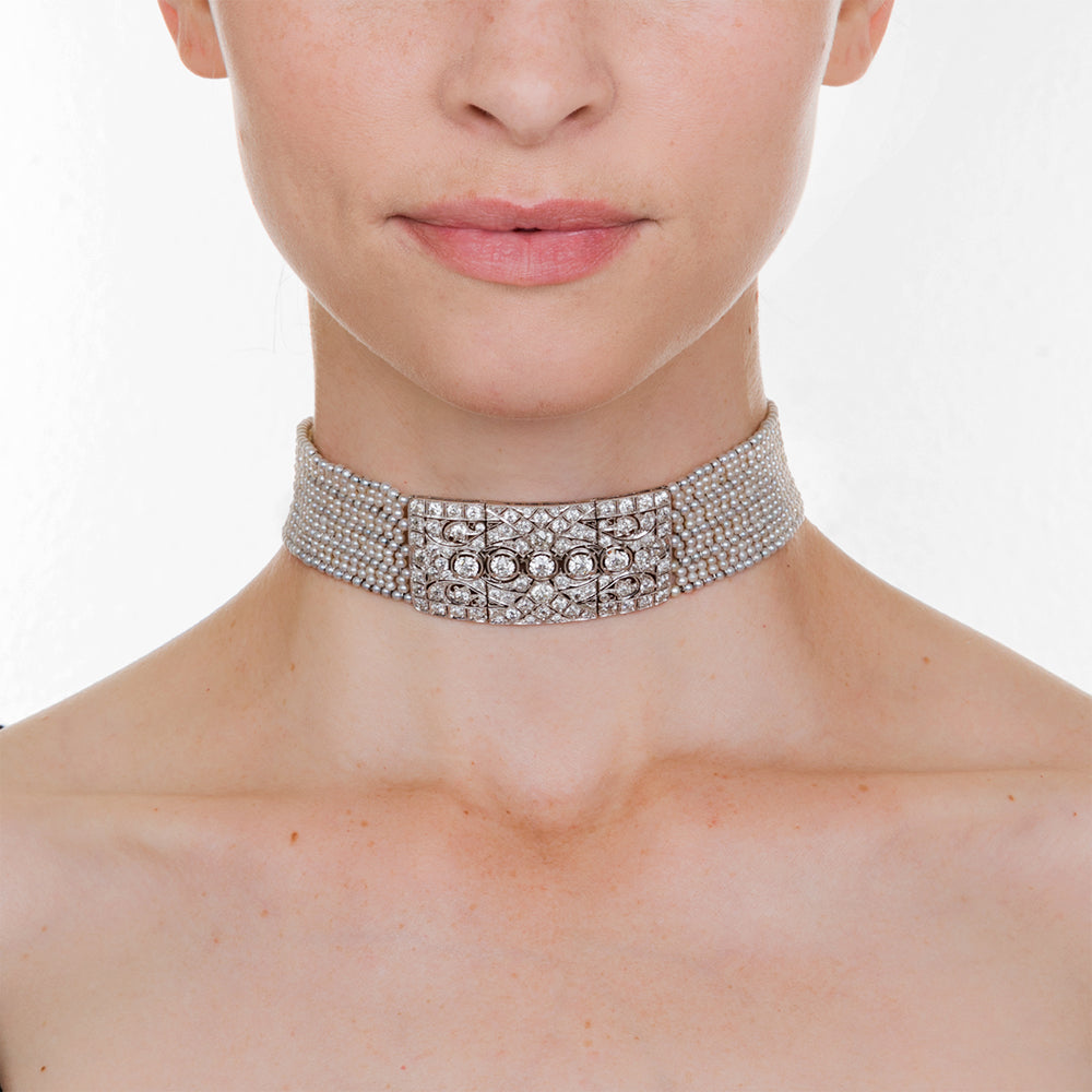 Art Deco Diamond and Seed Pearl Choker - 8