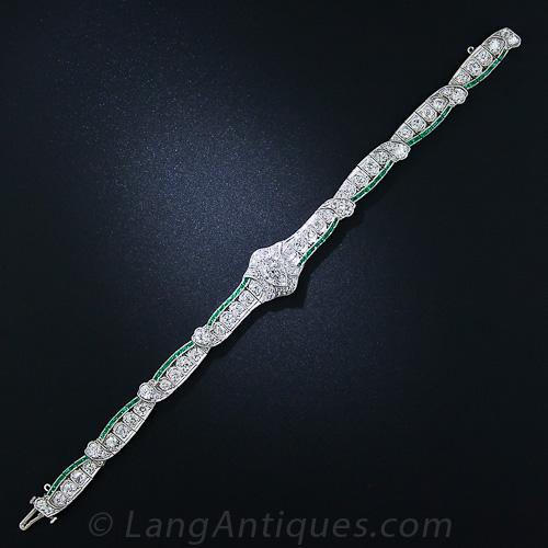Art Deco Diamond, Calibre Emerald and Platinum Bracelet