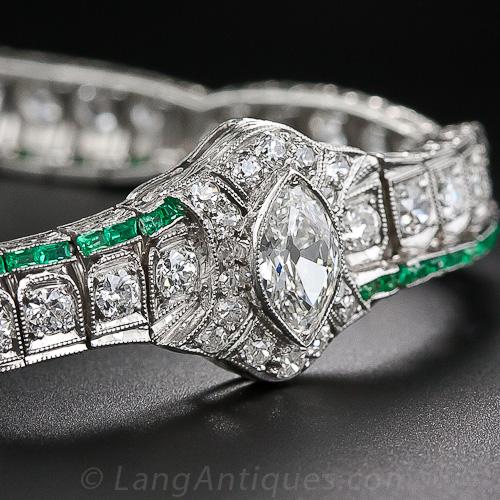 Art Deco Diamond, Calibre Emerald and Platinum Bracelet - 5