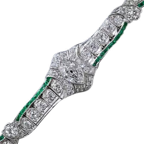 Art Deco Diamond, Calibre Emerald and Platinum Bracelet - 5