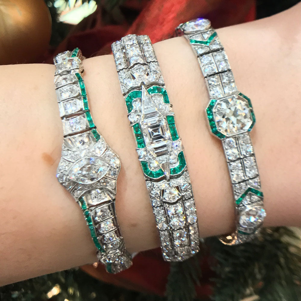 Art Deco Diamond, Calibre Emerald and Platinum Bracelet - 8