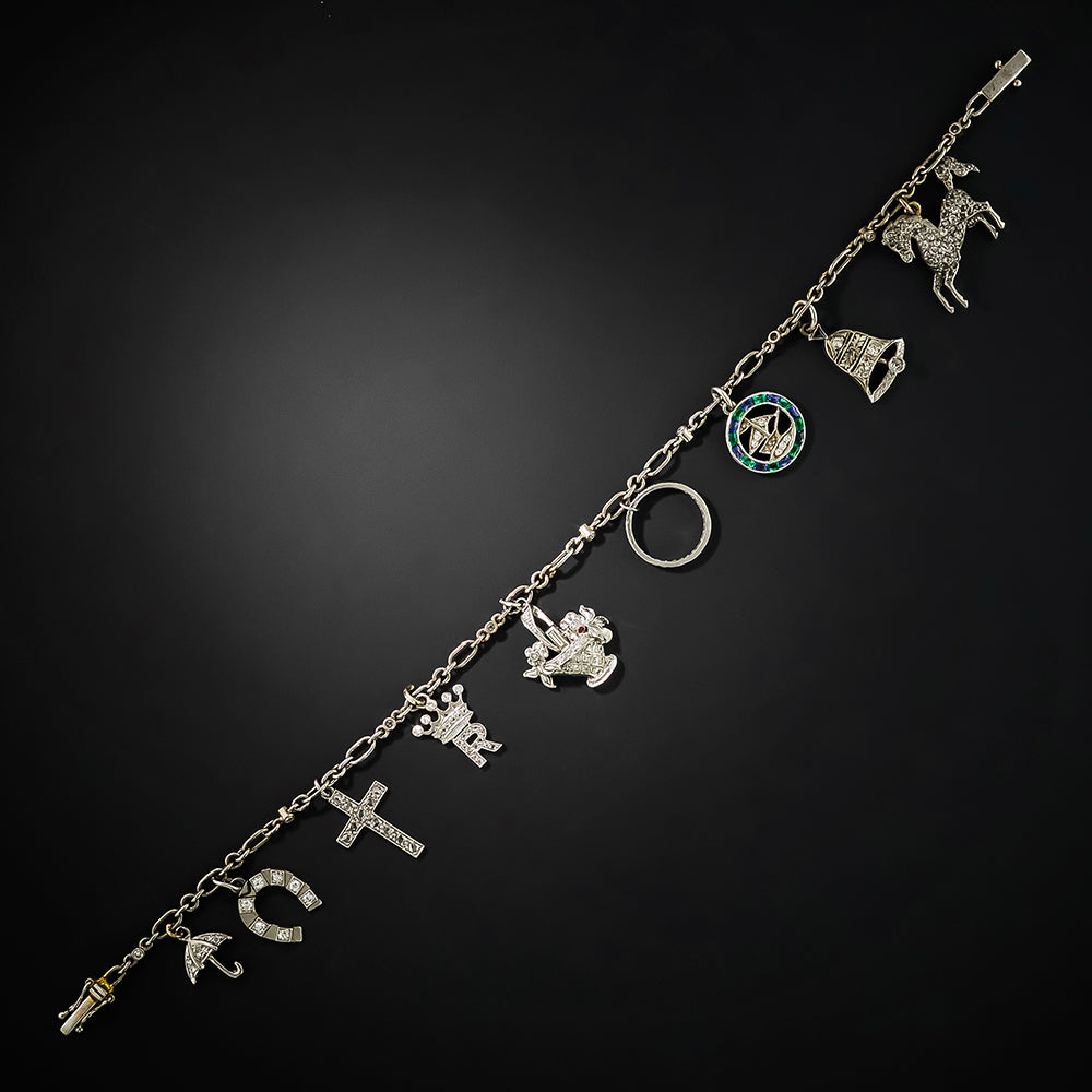 Art Deco Diamond Charm Bracelet With Cartier Horseshoe - 2
