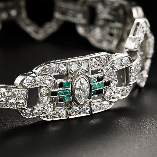 Art Deco Diamond, Emerald and Onyx Bracelet - 3