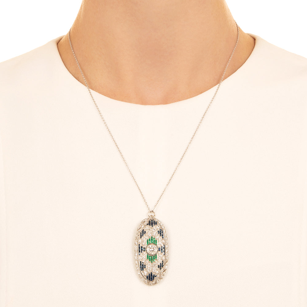 Art Deco Diamond, Emerald and Sapphire Pendant - 3