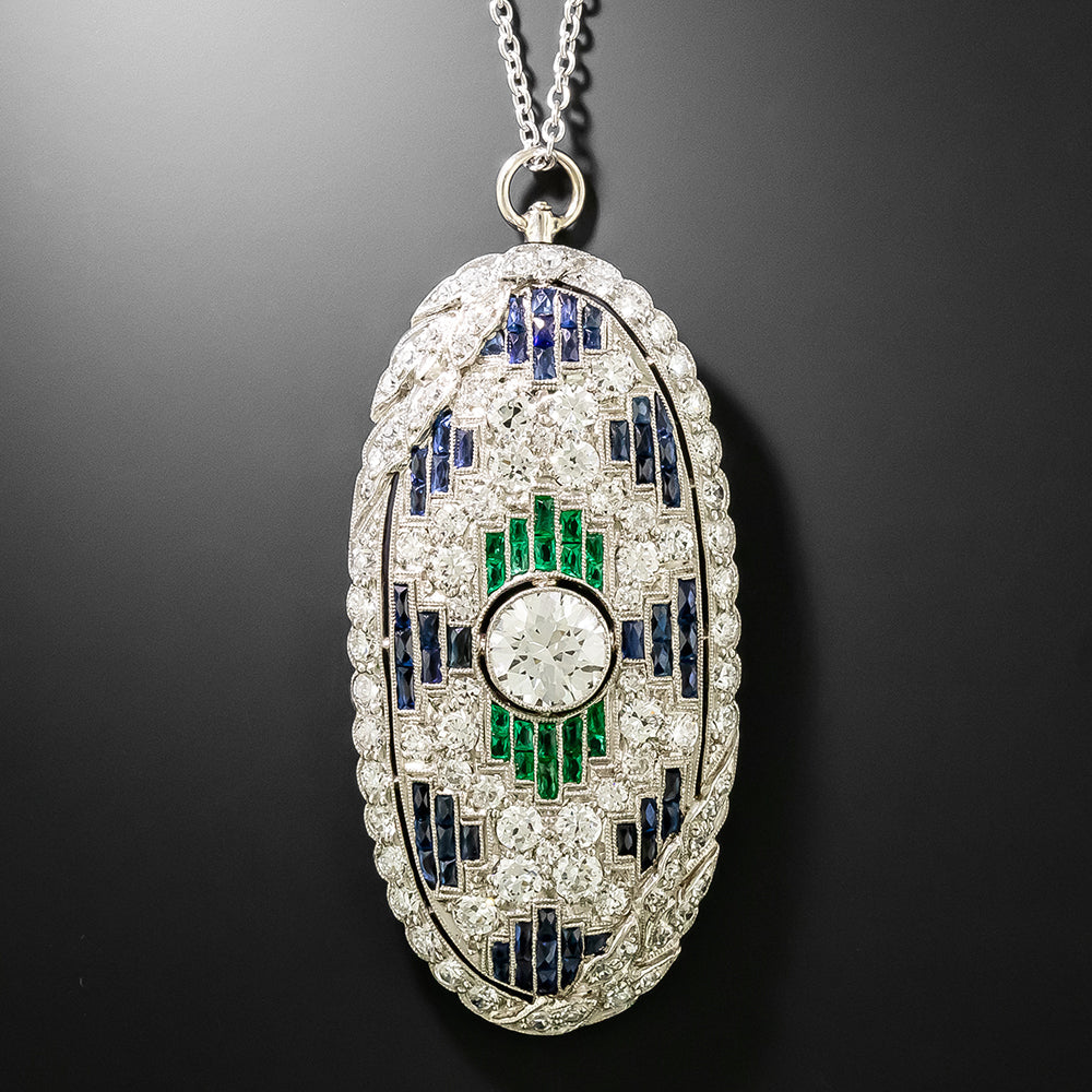 Art Deco Diamond, Emerald and Sapphire Pendant - 2