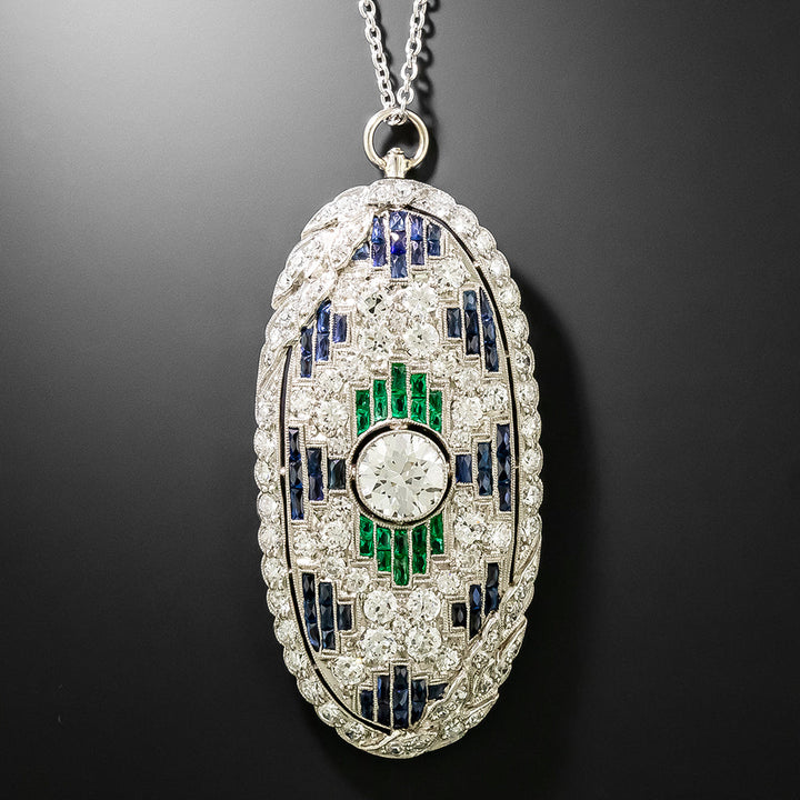 Art Deco Diamond, Emerald and Sapphire Pendant