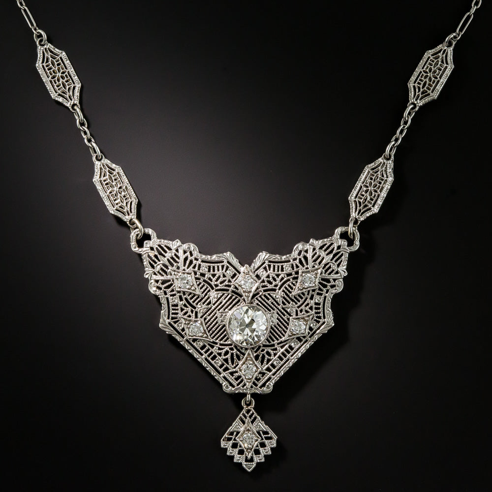 Art Deco Diamond Filigree Necklace  - 2
