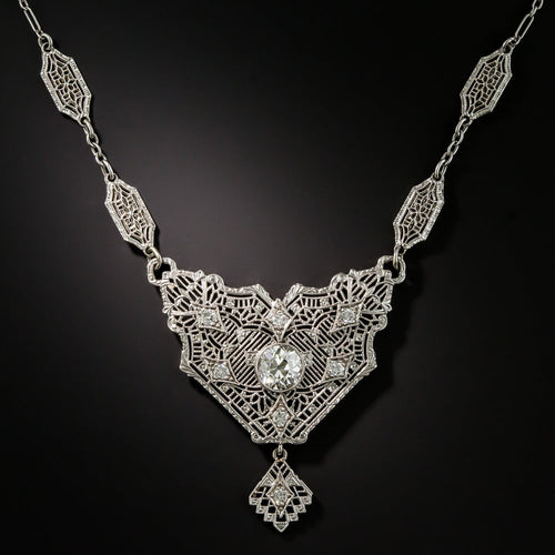 Art Deco Diamond Filigree Necklace  - 2