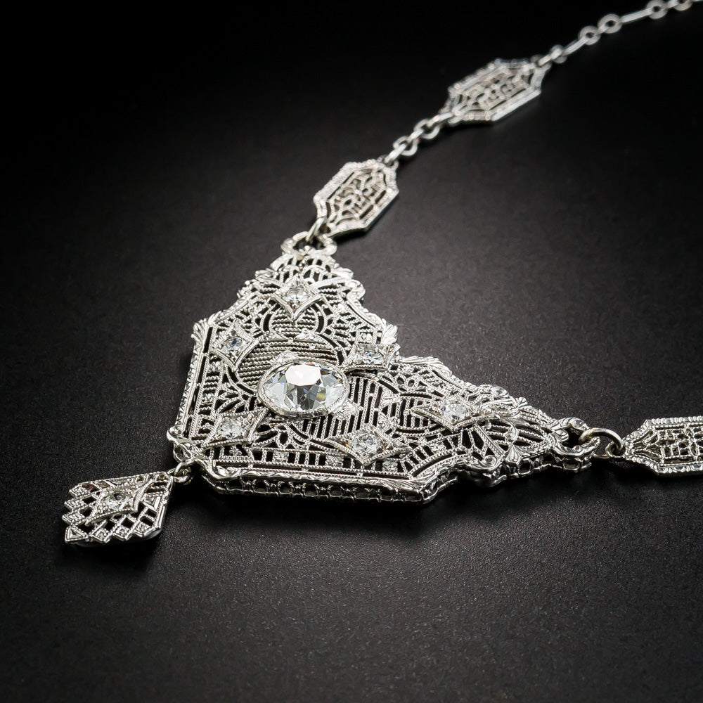 Art Deco Diamond Filigree Necklace  - 4