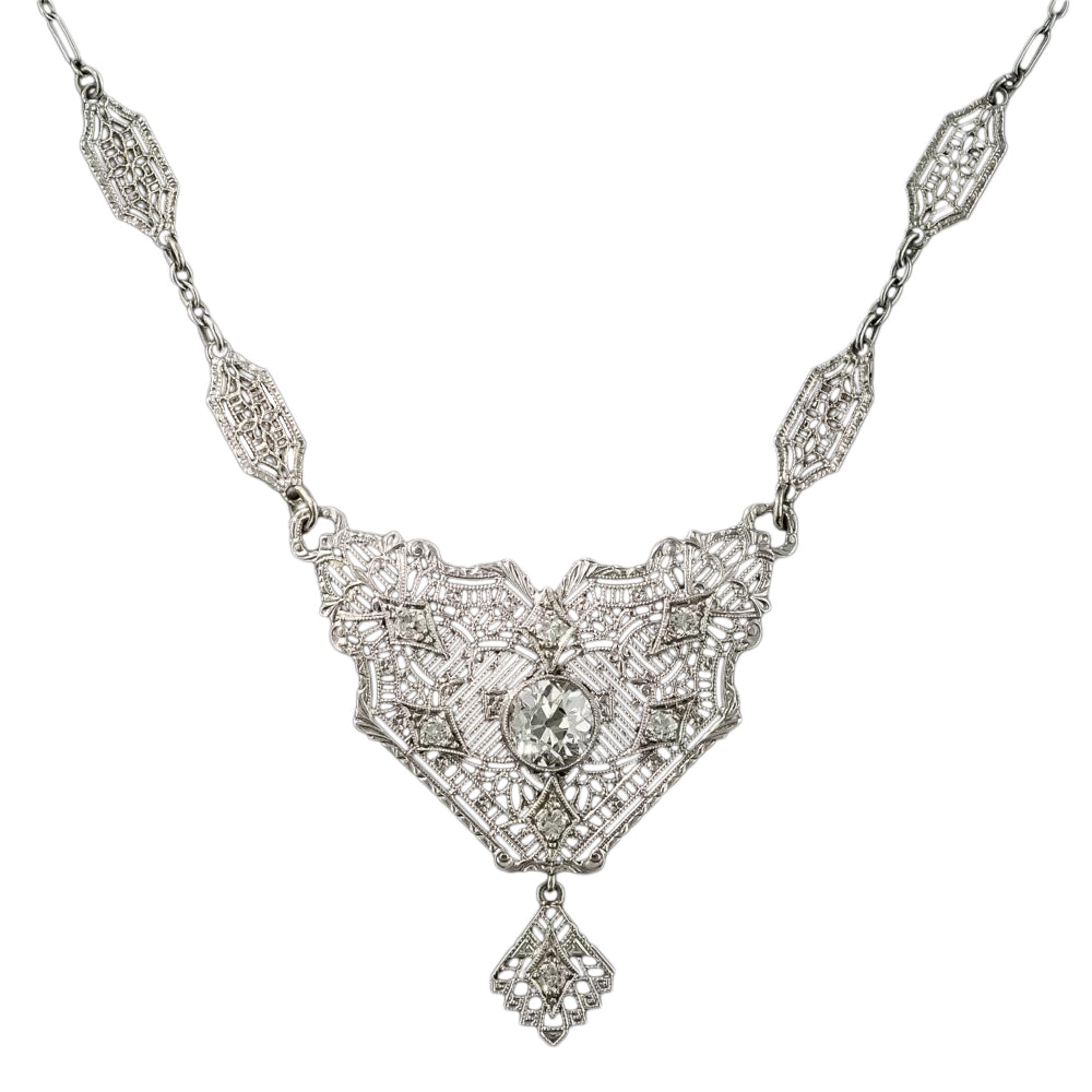 Art Deco Diamond Filigree Necklace  - 3