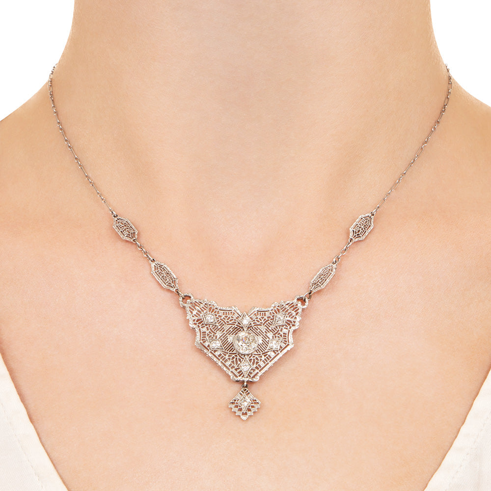 Art Deco Diamond Filigree Necklace  - 4
