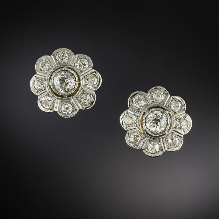 Art Deco Diamond Floral Cluster Earrings