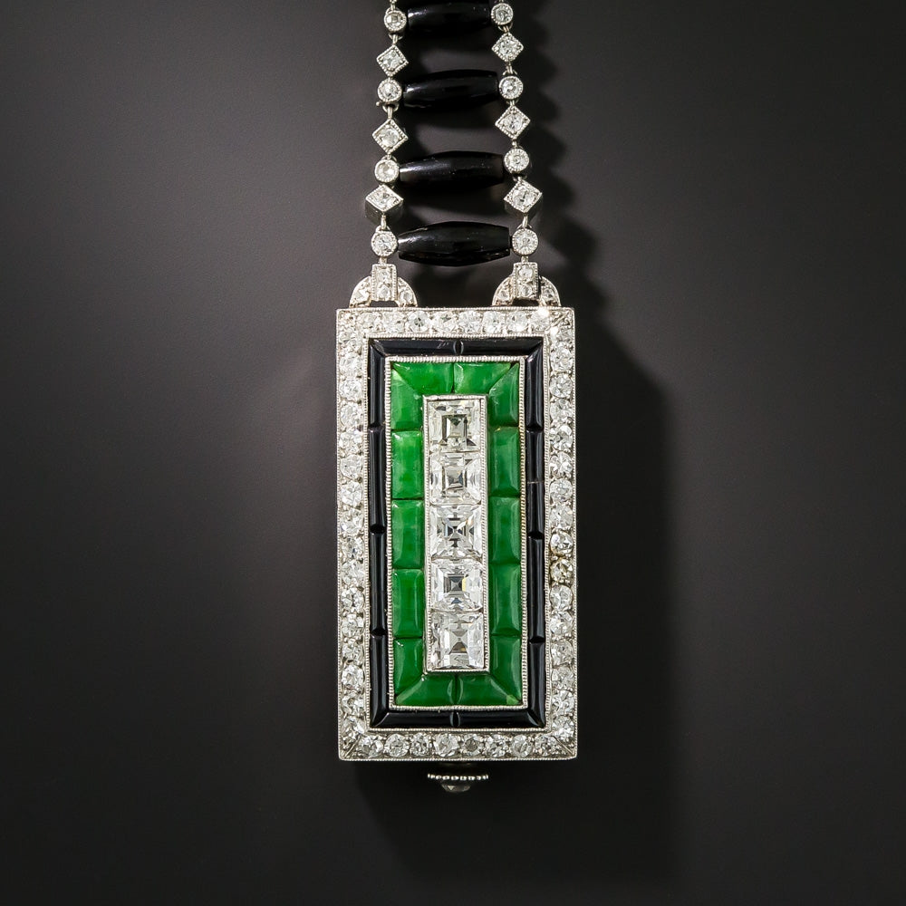 Art Deco Diamond, Jade, and Black Onyx Lapel Watch - 3