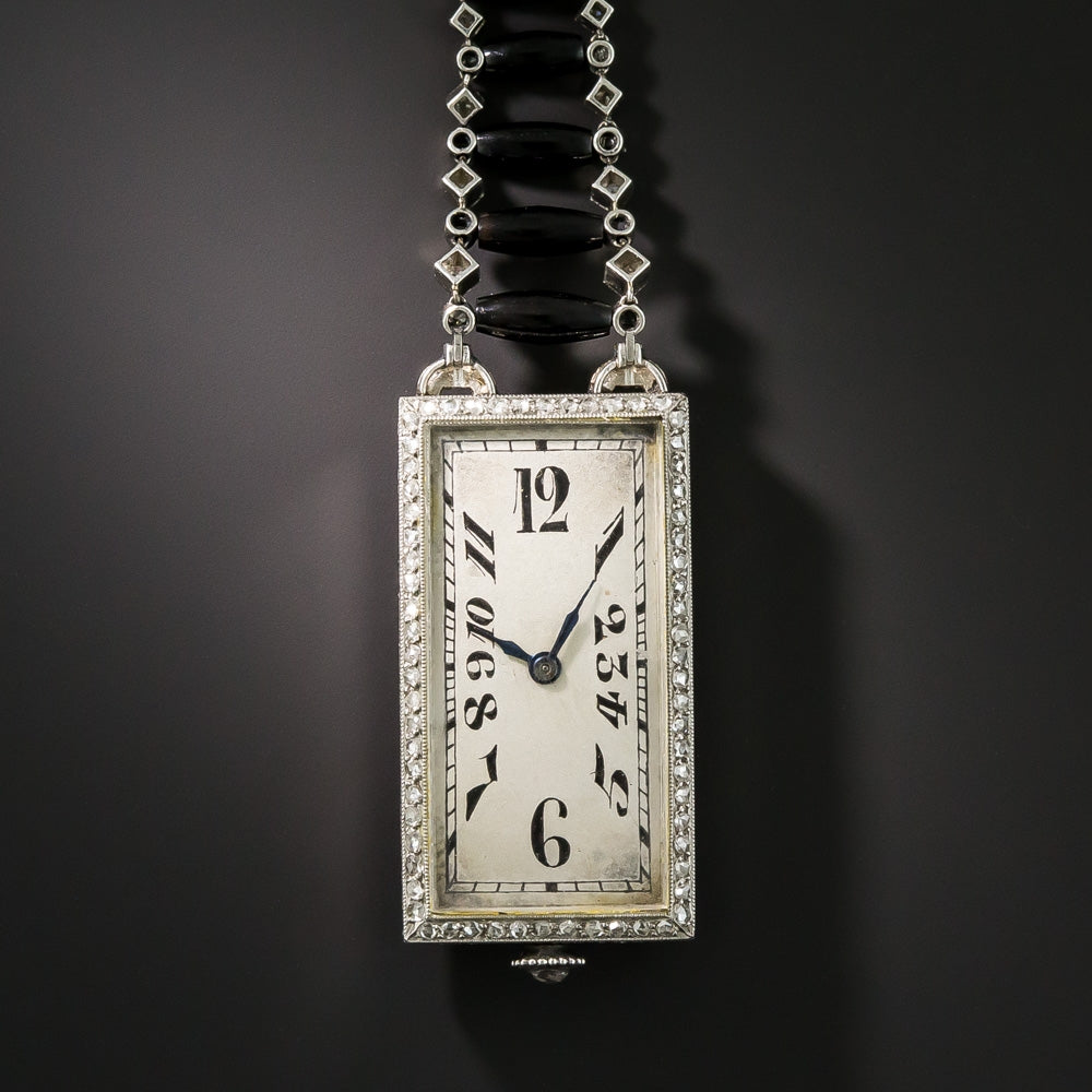 Art Deco Diamond, Jade, and Black Onyx Lapel Watch - 4