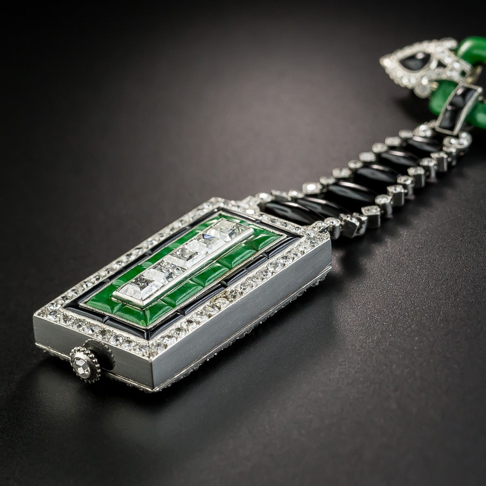 Art Deco Diamond, Jade, and Black Onyx Lapel Watch - 5